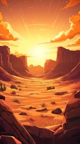 Sunlit desert canyon landscape under glowing orange sky.