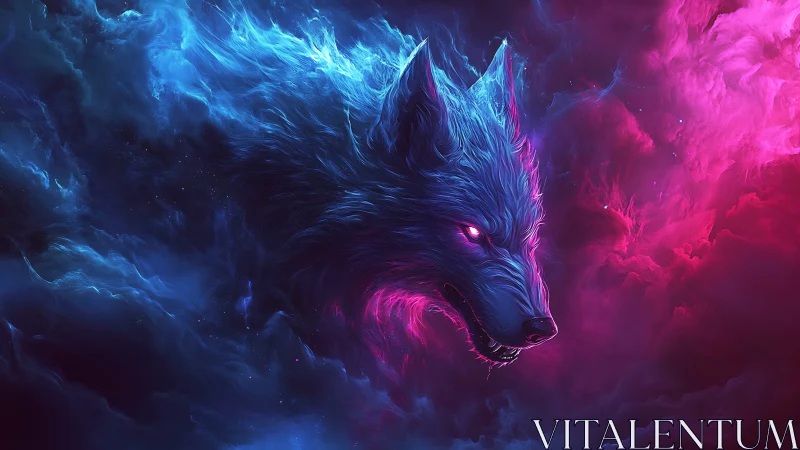 Neon blue wolf head framed by dense pink cosmic clouds.