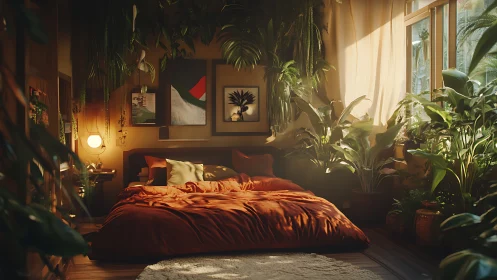 Sun-drenched jungle bedroom cradled in glowing amber light.