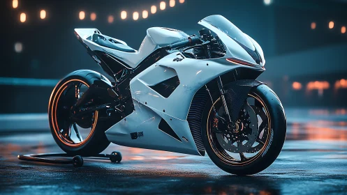 White sport motorcycle on wet urban surface at night.