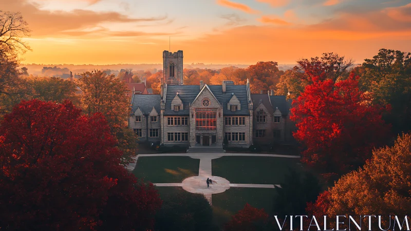 Historic stone campus building amid autumn trees at dusk.
