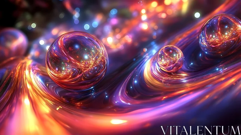 Luminous glass orbs drift through swirling neon liquid space