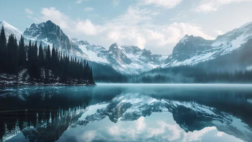 Symmetric alpine lake reflection with snowbound conifer ridges