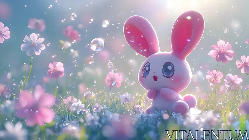 Pink cartoon bunny in glowing flower field at sunrise.