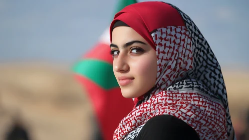 Young woman in keffiyeh with serene expression, natural light portrait.