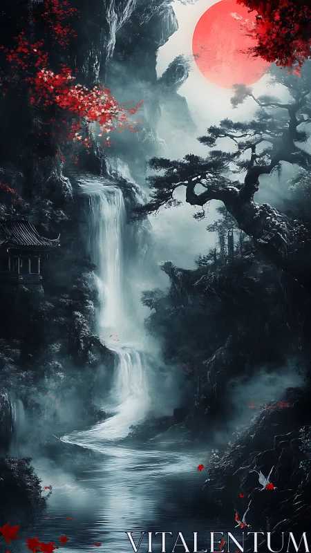 Crimson moonrise over misty waterfall and quiet gorge.