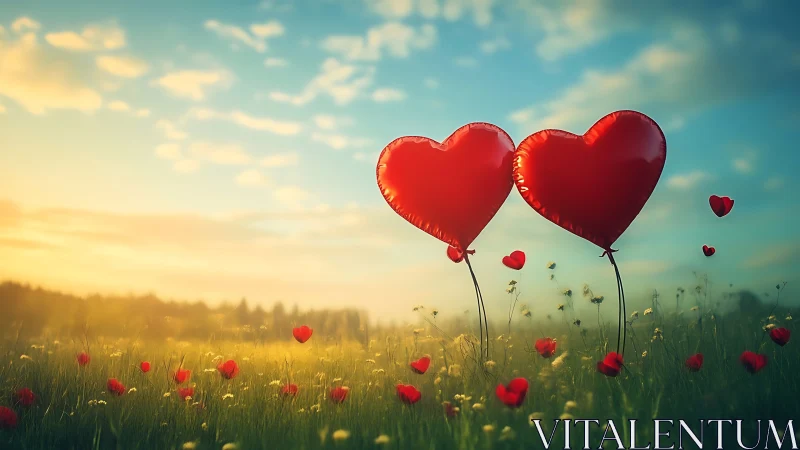 Red heart-shaped balloons floating above meadow with wildflowers