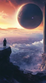 Lone figure watching giant planet over futuristic world.