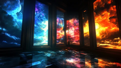 Celestial windows open onto shifting skies of fire and ice