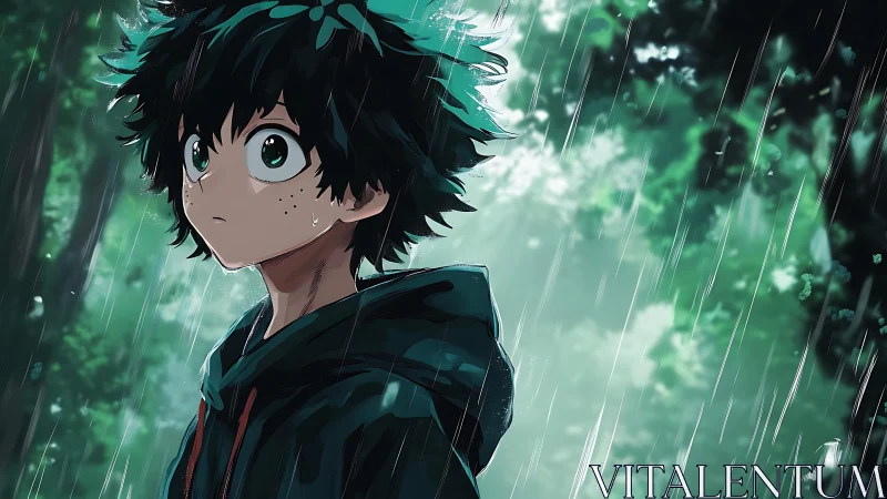 Rain-soaked anime boy gazing upward in misty forest scene.