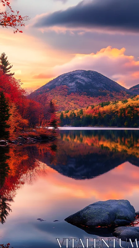Autumn hillside and lake reflection under layered evening clouds.