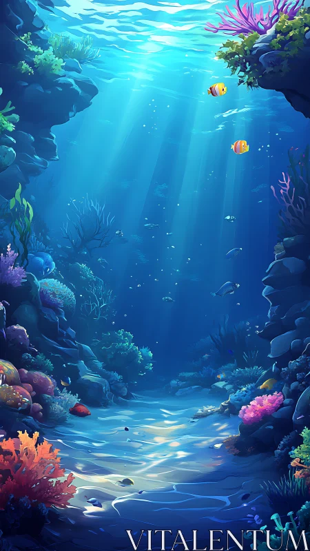 Sunlit coral canyon reveals vibrant undersea passageway.