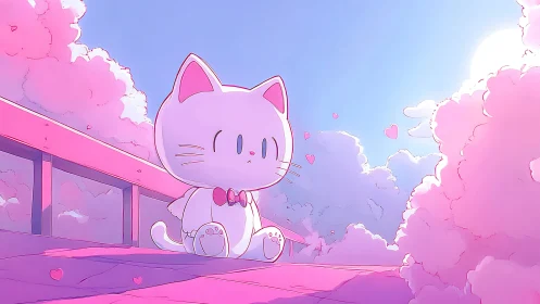 Cartoon cat sits on pink bridge amid pastel clouds