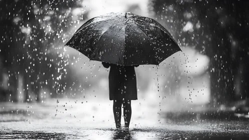 Solitary figure shelters under umbrella in heavy city rain