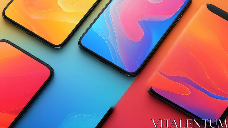 Modern smartphones with vibrant abstract screens on gradient background. Modern smartphones with vibrant abstract screens on gradient background.