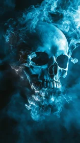 Cyan luminous human skull emerging from swirling vapor field