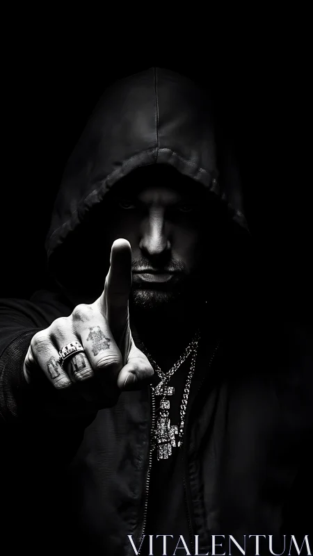 Hooded man in shadow pointing forward with raised finger.