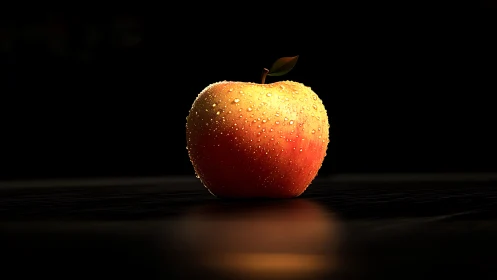 Golden dewy apple under dramatic low key rim lighting.