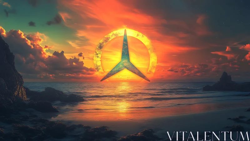 Sunset shoreline framed by glowing celestial emblem.
