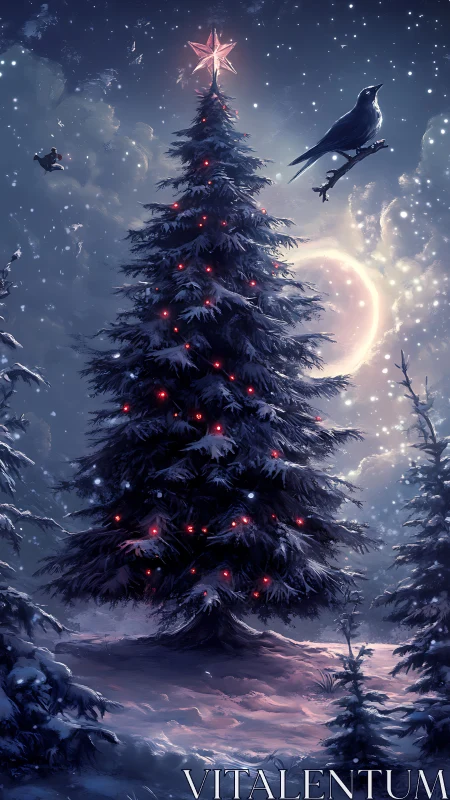 Snow-laden fir tree with red LEDs under crescent moonlit sky