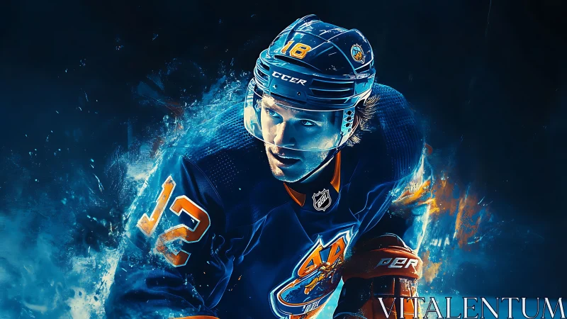 Hockey player skates forward in blue and orange digital artwork