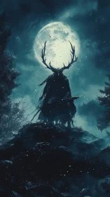 Antlered wraith sentinel silhouetted against lunar backlight