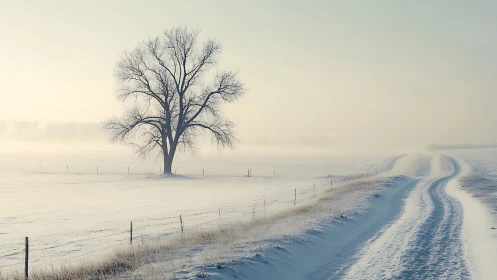 Lonely tree and snow covered country road in winter fog.