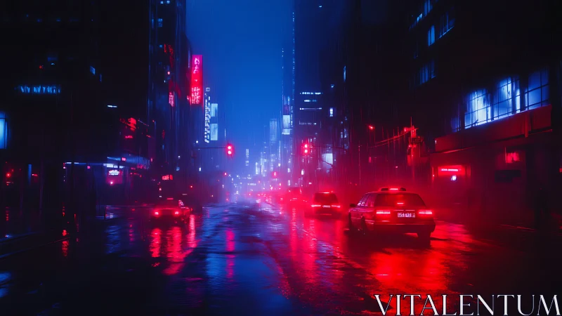 Neon red taxis crossing rain-soaked cyberpunk city boulevard.