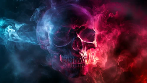 Human skull rendered in vivid red and blue translucent smoke