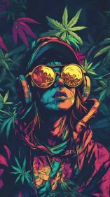 Neon-clad youth with mirrored goggles amid cannabis leaves