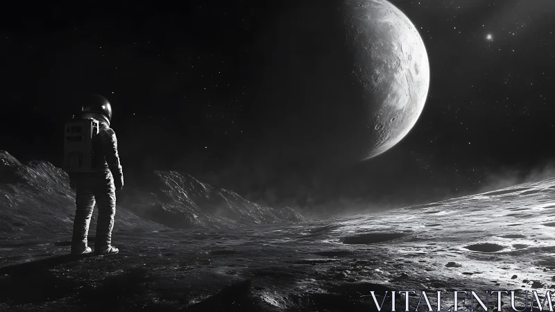 Solitary astronaut gazes at looming moonlit planet horizon.