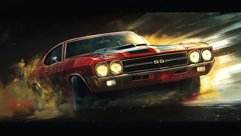 Rendered muscle car drifts through dust with frontal emphasis