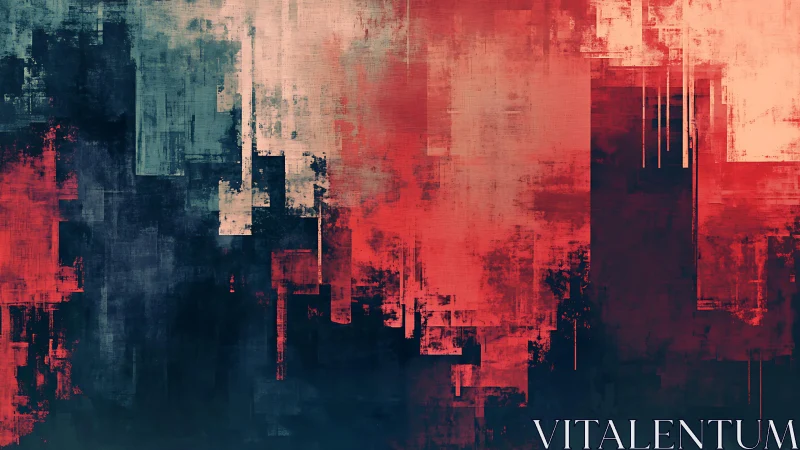 Abstract geometric cityscape with red and blue textured layers.