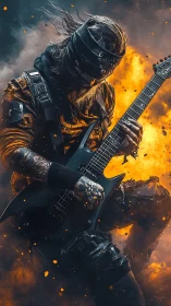 Blindfolded firestorm guitarist shredding through chaos.
