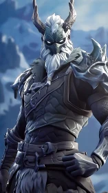 Armored ice warlord in stylized 3D fantasy character render.