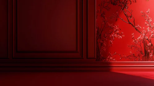 Red interior wall with floral mural and sharp side light.