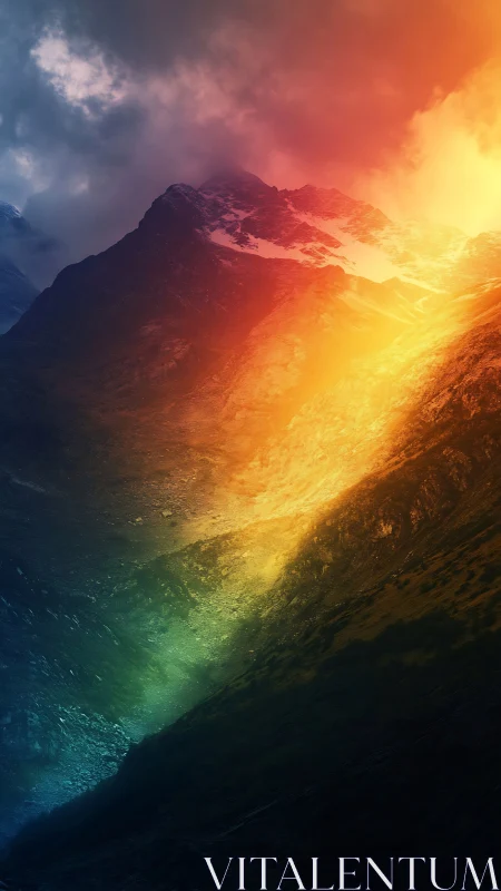 Spectral gradient illuminating alpine ridge under storm clouds.