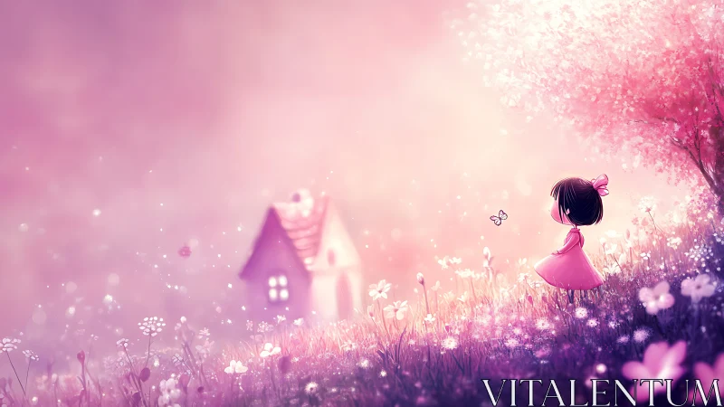 Little dreamer girl wandering through a soft pink meadow.