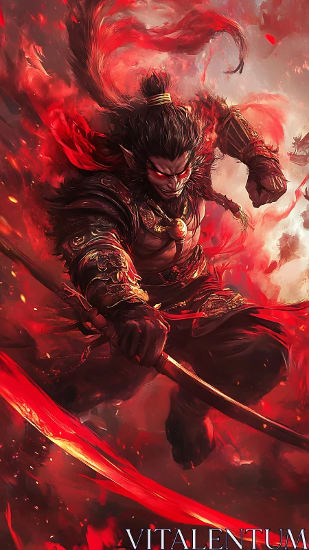 Infernal warrior lunging through swirling crimson flames.