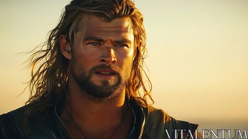 Sunlit warrior portrait with long hair and armor details.