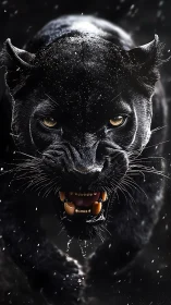 Menacing Black Panther with Golden Eyes in Snowy Night