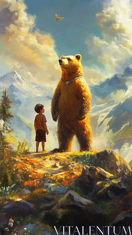 Boy and standing bear on a bright mountain summit.
