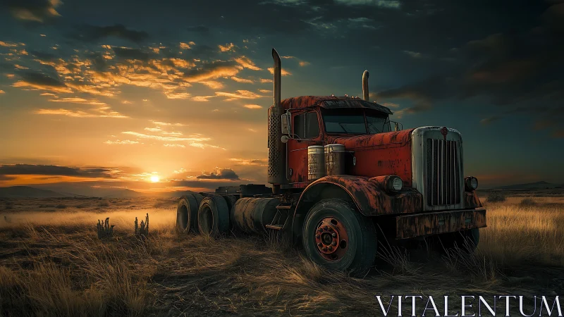 Weathered red semi truck abandoned in arid grassland at sunset
