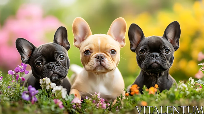 Sweet French bulldog trio sharing a colorful garden moment.