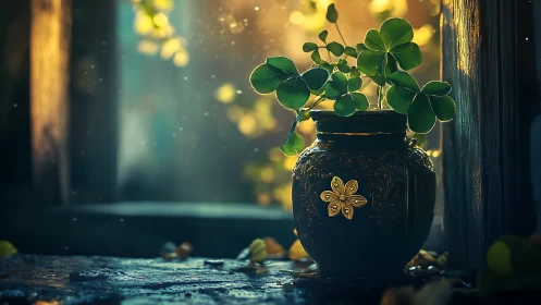 Cloverlight alchemy in a gilded pot of dusk and dew.