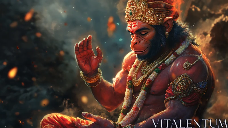 Digital depiction of garlanded monkey deity in flames.