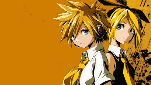 Twin blond anime teens with headphones on orange field.