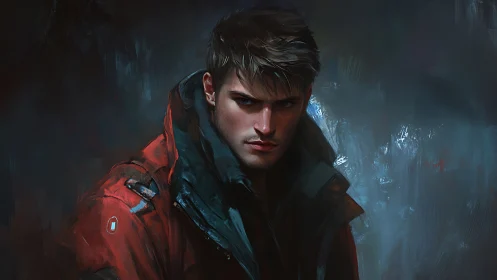 Male subject in red jacket against dark textured backdrop.