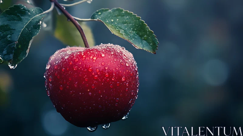 Red apple with water droplets against soft dark background.