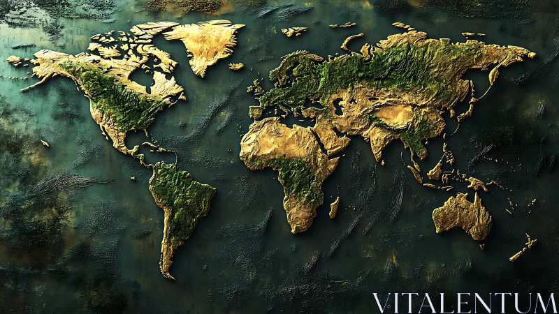 Relief world map with textured continents on dark surface.